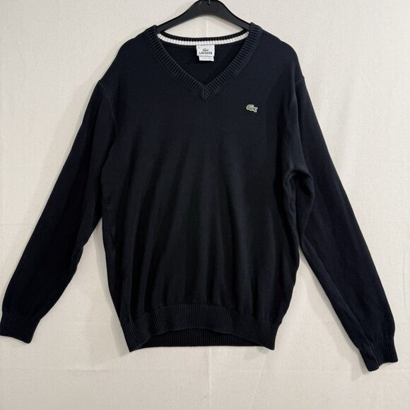 Lacoste Black V Neck Long Sleeve Knit Cotton Stretch Sweater Size 4 Small - Picture 1 of 7